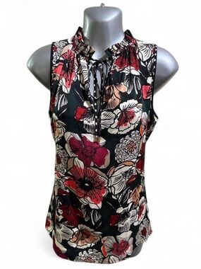 Gorgeous Trina Turk Floral Silk Tie-Neck Sleeveless Top - Black Multi Sz XS